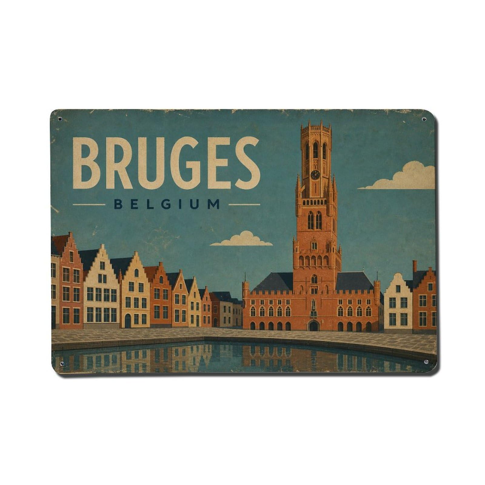 Vintage Travel Belgium Bruges 1 Metal Tin Sign Plaque Wall Decor for Cafe, Club Bar, Office, Garden Metal Poster 8x12Inch