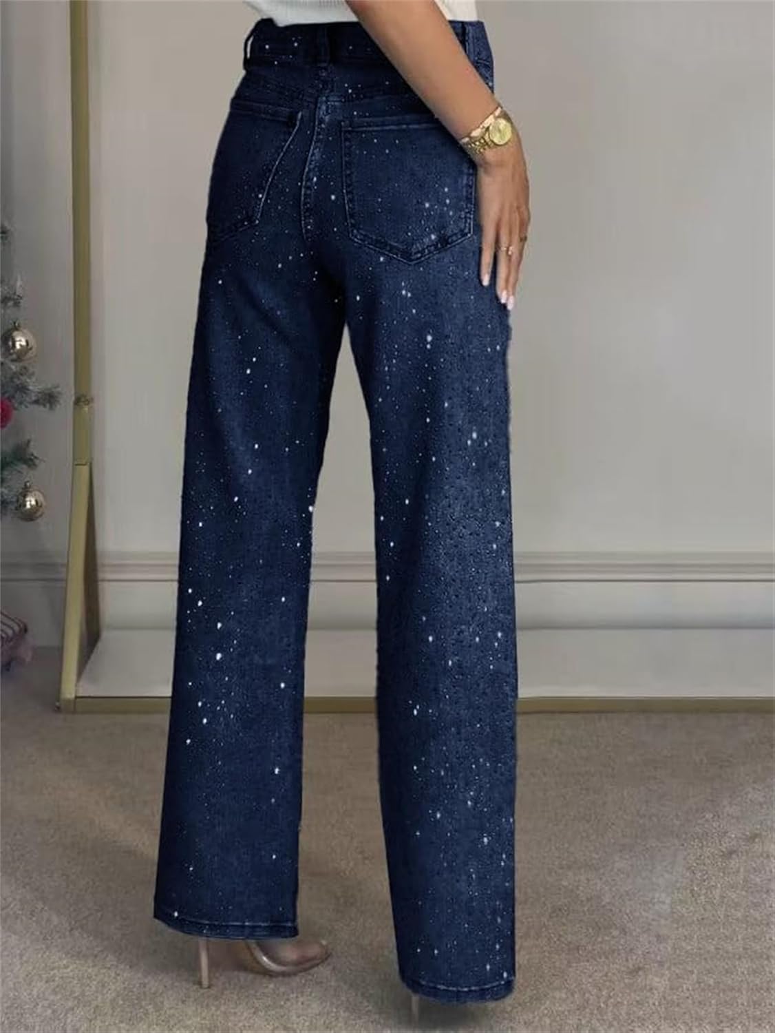 Women's Bling Rhinestone Jeans Baggy Y2k High Waisted Straight Wide Leg Sparkly Glitter Denim Pants Fashion Bedazzled Trouser