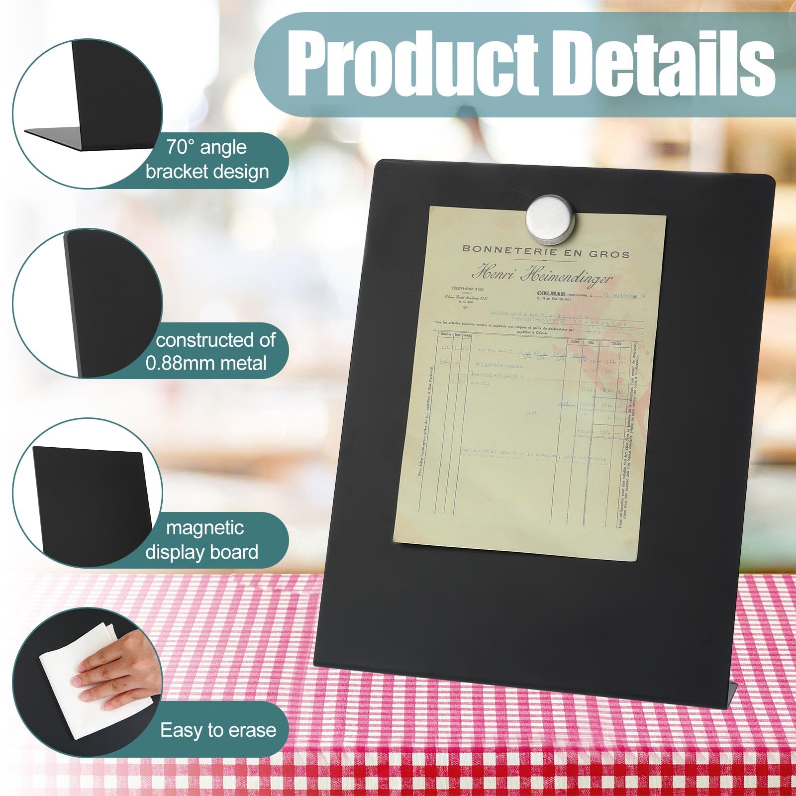 Fainne 4 tableros magnéticos para anuncios con soporte de caballete, mini imán negro, tablero de notas de metal para mesa de menú, hogar, escuela, cocina, suministros de oficina (11 x 8.5 pulgadas)