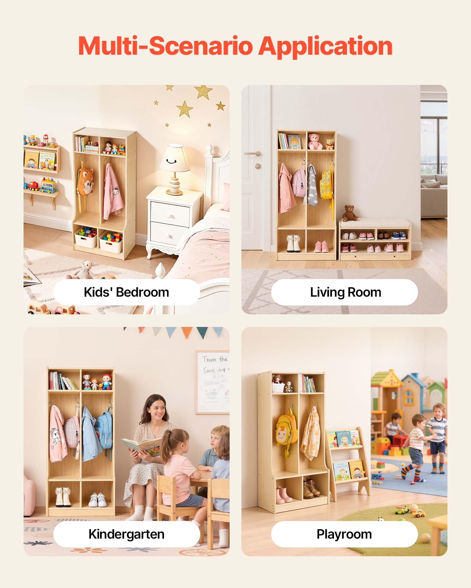 VEVOR Vestiaire 2 Enfants Ouvert, Penderie pour Enfants en Bois, Rangement pour Crèche Maternelle Garderie Maison, Meuble d'accueil Scolaire avec Casiers à Manteaux et à Chaussures, Cases Supérieures