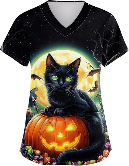 OIOLOYJM Halloween Christmas Scrub Tops Women Print V Neck Short Sleeve Plus Size Scrubs for Womens Shirts with Pockets