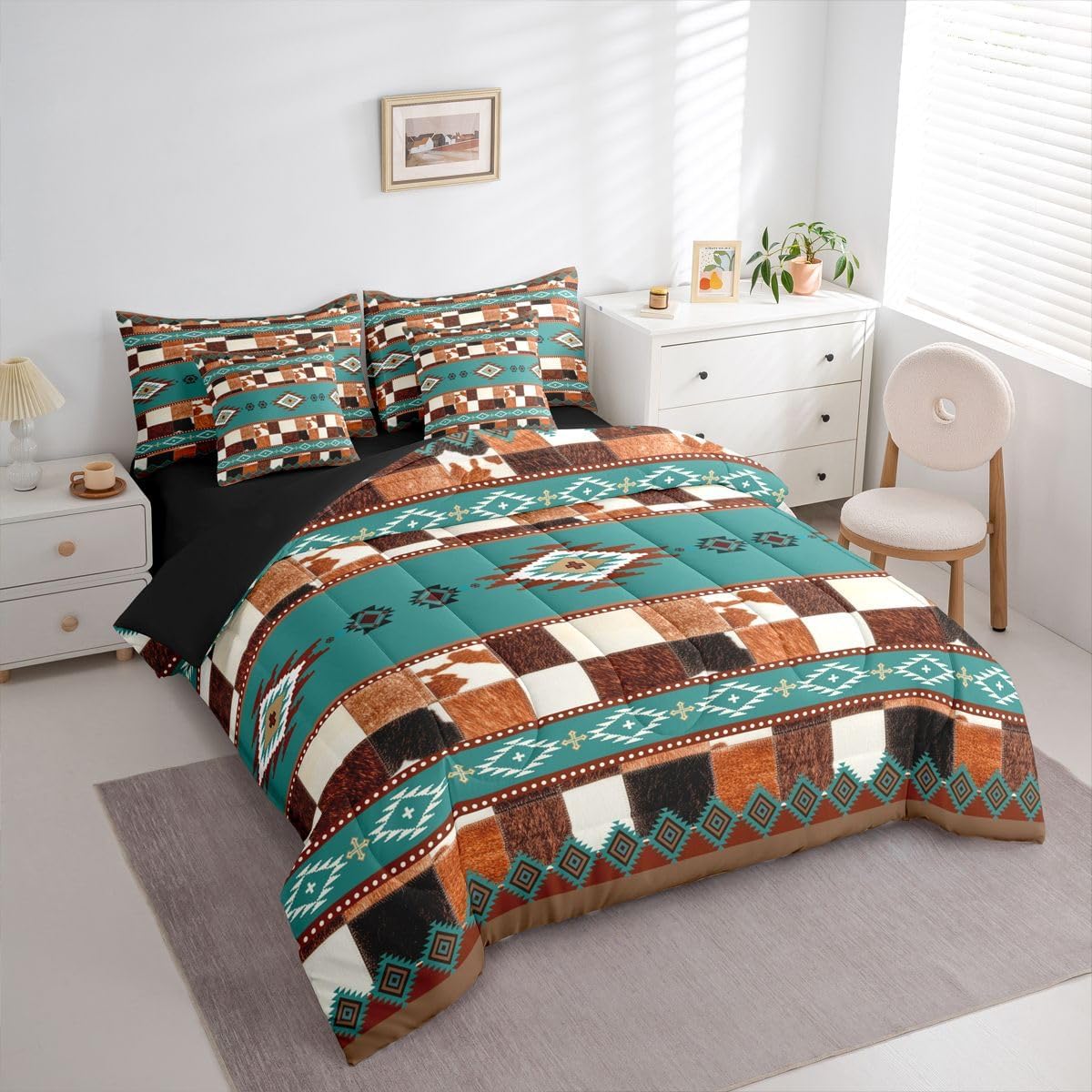 Cowhide Western Queen Comforter Set with Sheets | Farm Animals Skin 7-Piece Bedding Set Southwest Style Native Geometric Aztec Bed in a Bag, Patchwork Cow Print Bed Sets,Country Western Room Decor