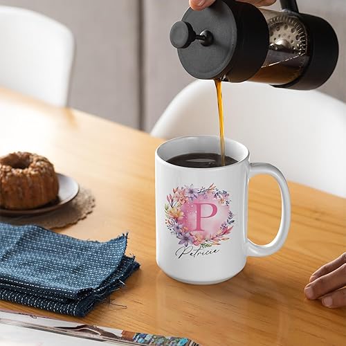 Vista 34 de Taza de cerámica blanca con monograma de letra inicial personalizada, alfabeto floral, nombre personalizado y inicial A-Z, taza de café de 11 onzas