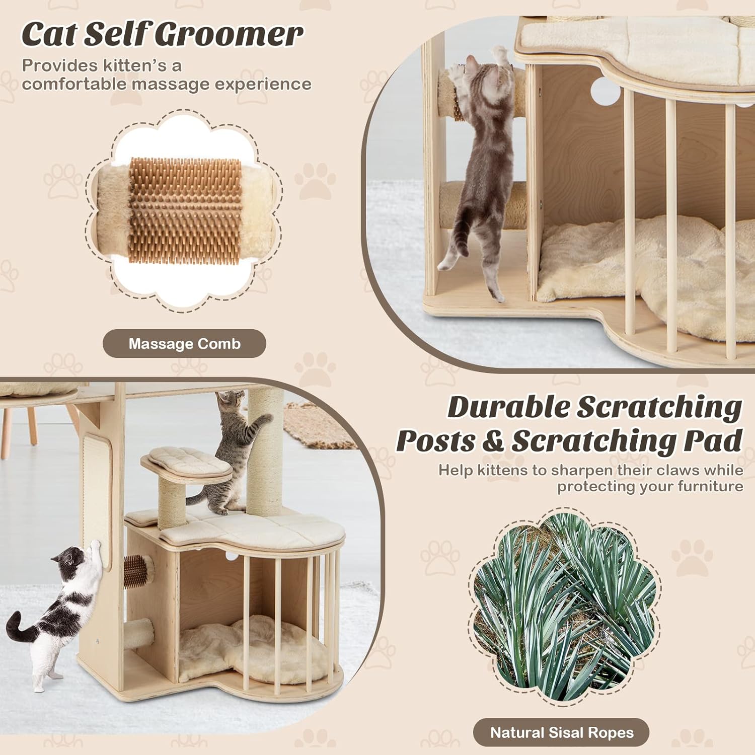 PETSITE 55" Tall Cat Tree, Multi-Layer Wooden Cat Tower with Hammock, Condo, Plush Perch, Self Groomer, Scratching Posts, Cat Climbing Stand Activity Center Furniture for Kitten & Adult Cats
