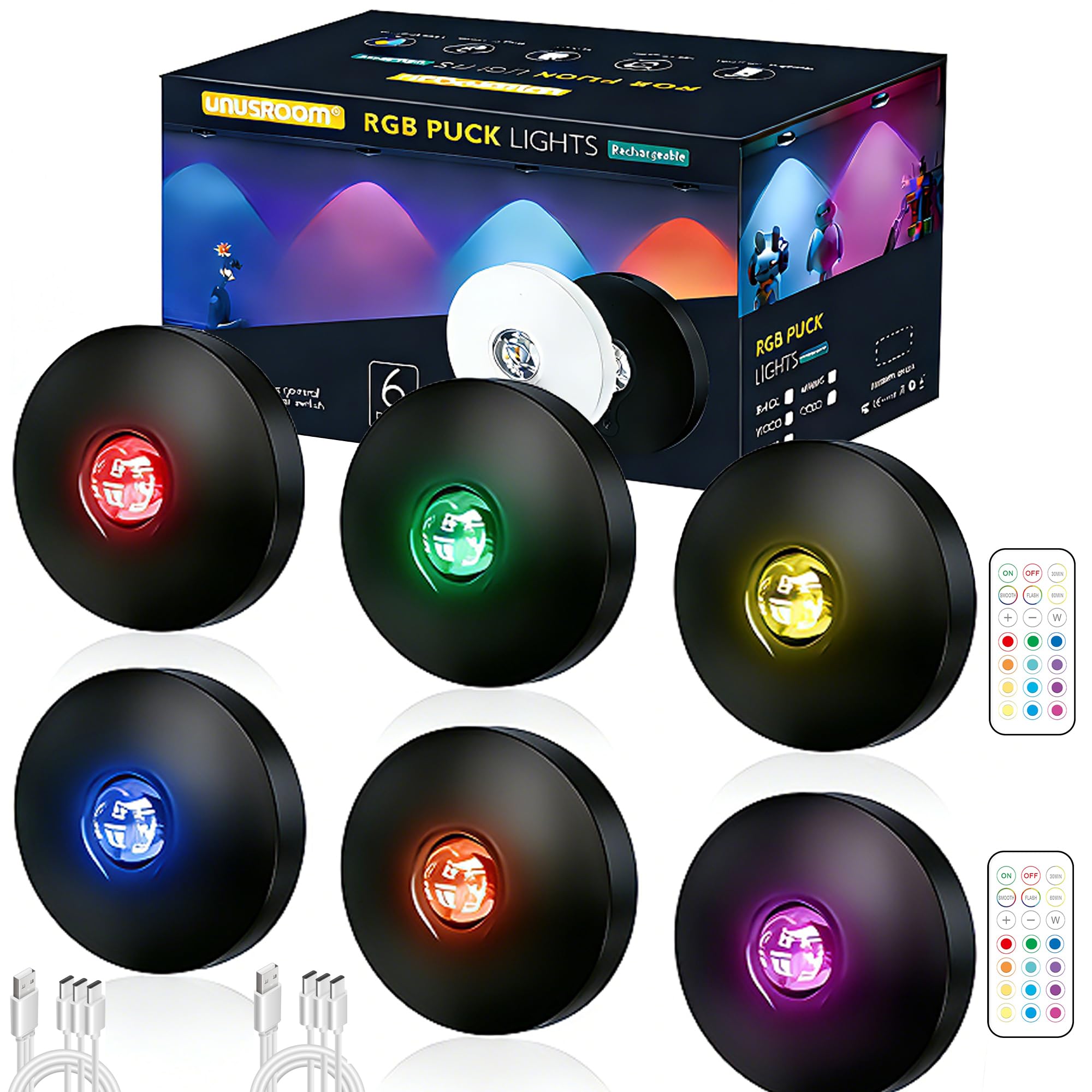 Unusroom White,Black Rechargeable Puck Lights,6Pack Led Under Cabinet Counter Lights,2000Mah Battery Operated Tap Lights,Stick On Lights,Touch&Remote Controls Dimmable Wireless Closet Lights For Kitchen (Black-13Color, 6)