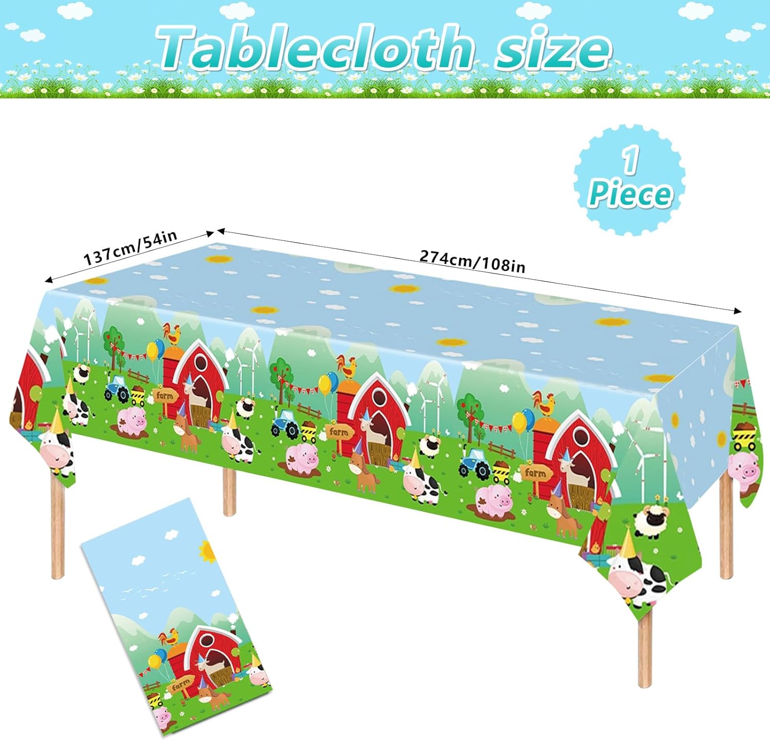 108PCS Farm Animal Birthday Party Supplies: Barnyard Animal Tableware Set, Paper Plates, Napkin, Balloon, Tattoo Stickers, Tablecloth, Banner, Serve 16