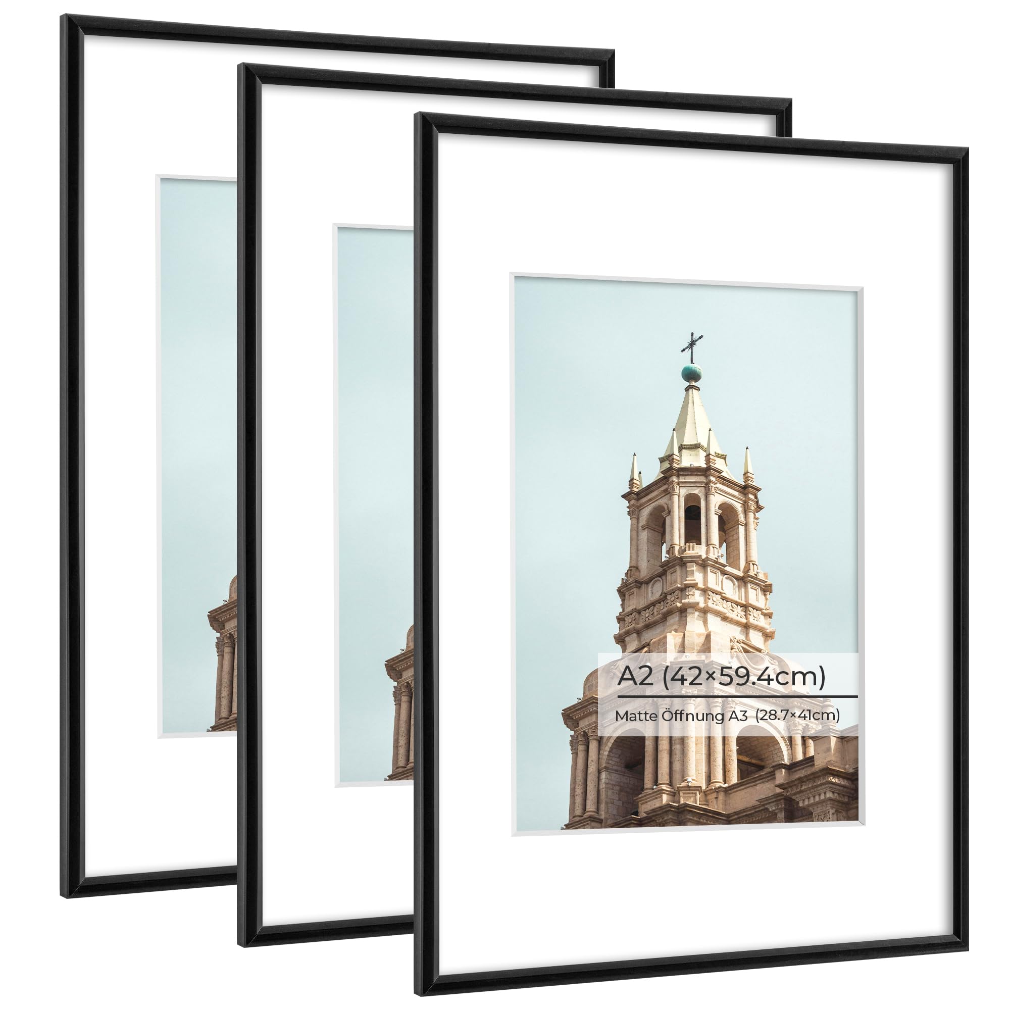 A2 Picture Frame, Display Pictures A3 with Mat or A2 Without Mat, Wall and Tabletop Display Photo Frame, Black Woodgrain, 3 Packs