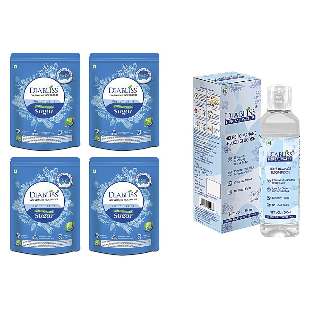 Diabliss Diabetic Friendly Herbal Cane Sugar - Free from Chemicals/Artificial Sweeteners - Low Glycemic Index (GI) - 500g Pouch (500g (Pack of 4) + Blood Glucose Management) (B0BC1Z9FQ1) Amazon Price History, Amazon Price Tracker