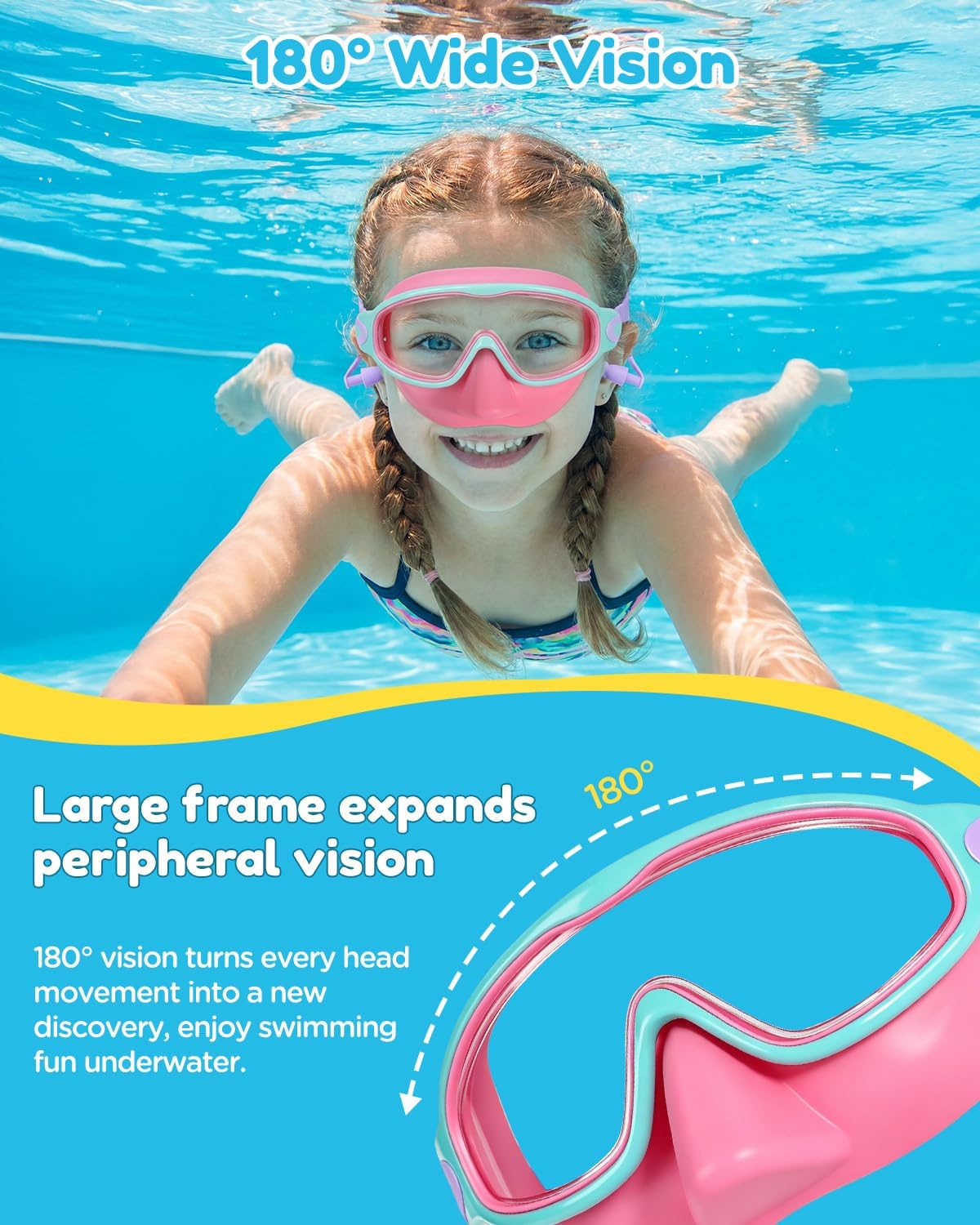 2 Pack Kids Swim Goggles with Nose Cover, Wide View Anti-Fog UV Protection Swimming Mask for Boys Girls Ages 3-14