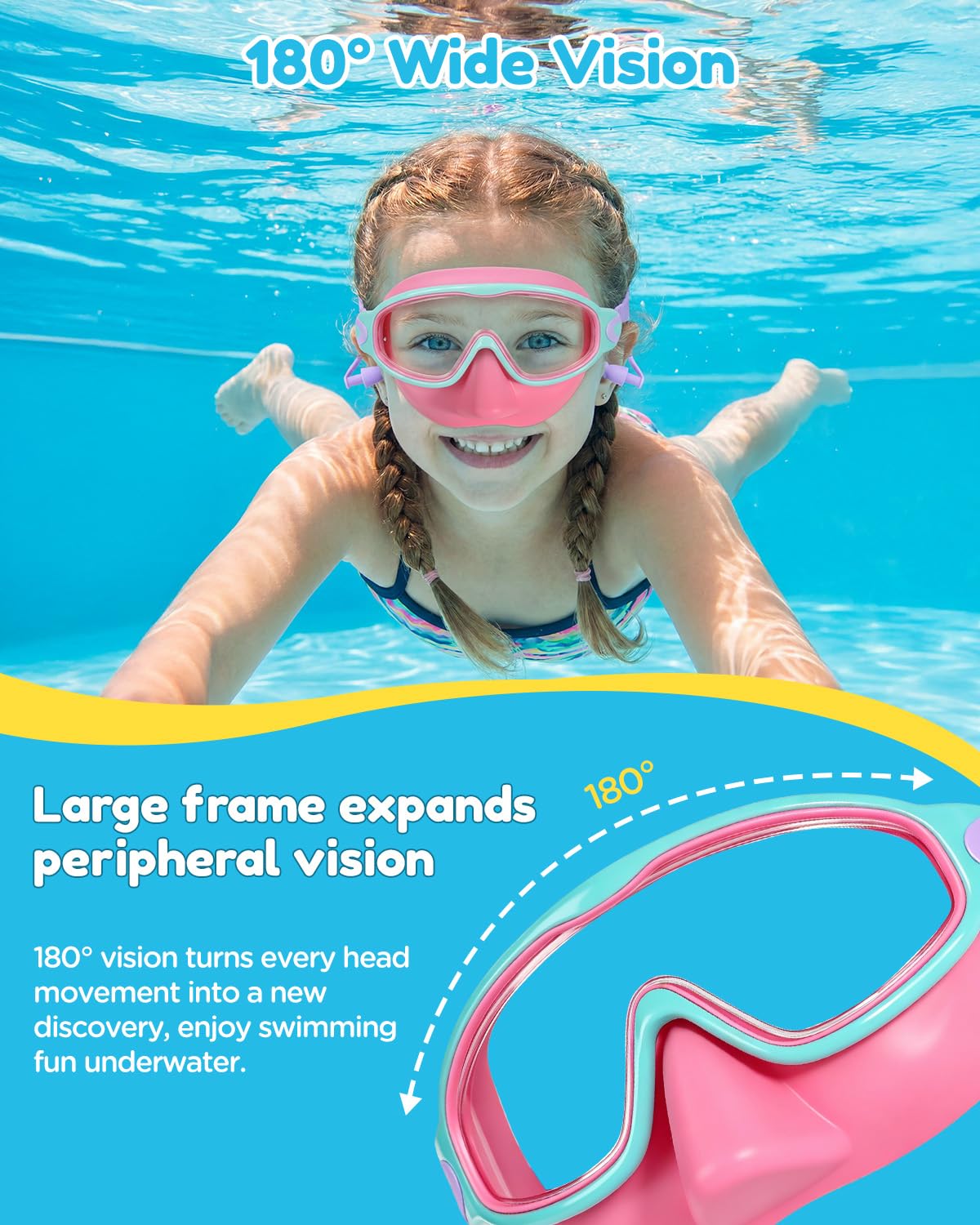 Lot de 2 lunettes de natation pour enfants avec cache-nez, large vue, protection UV, masque de natation pour garçons et filles de 3 à 14 ans