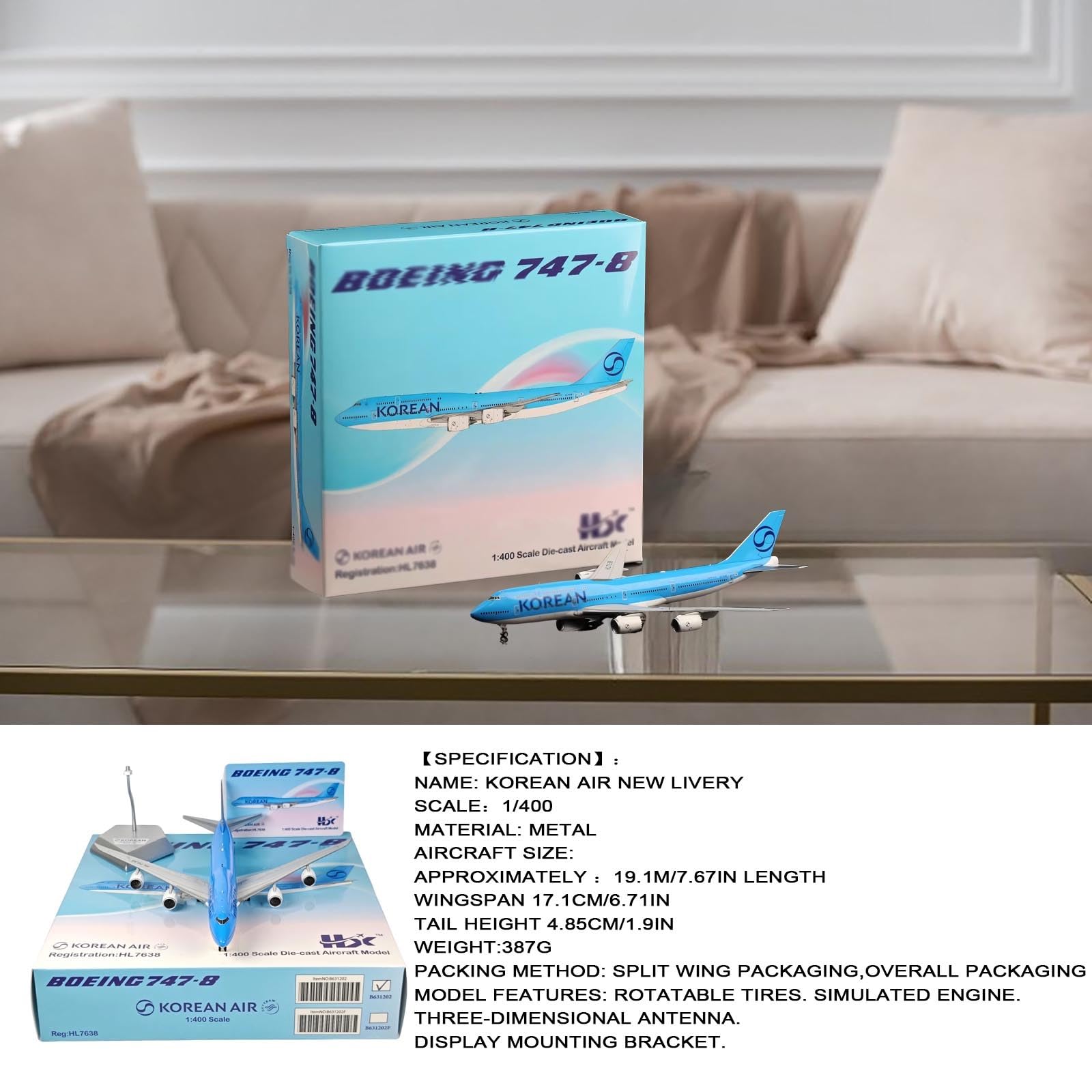 Modello aereo lega metallo pressofuso Korean Air B747 in scala 1/400 con livrea, carrello atterraggio mobile, ruote girevoli, espositore collezione, aereo for casa, ufficio, appassionato