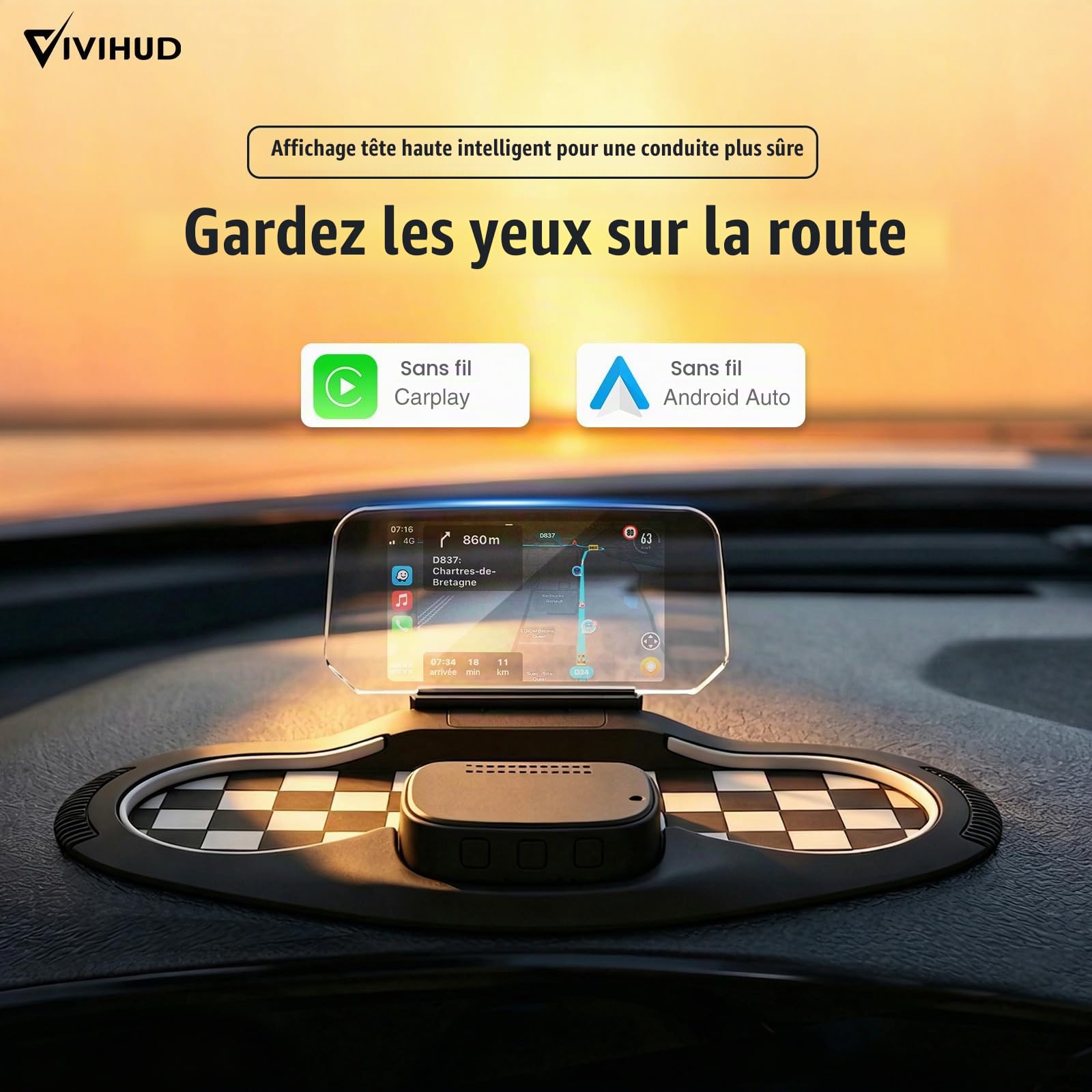 VIVIHUD HUD GPS V5 Ultra Head Up Display Pare-brise Projecteur Compteur de Vitesse avec CarPlay Android Auto Diagnostics Indicateur de Vitesse Plug & Play Navigation OBD Tableau de Bord Voiture