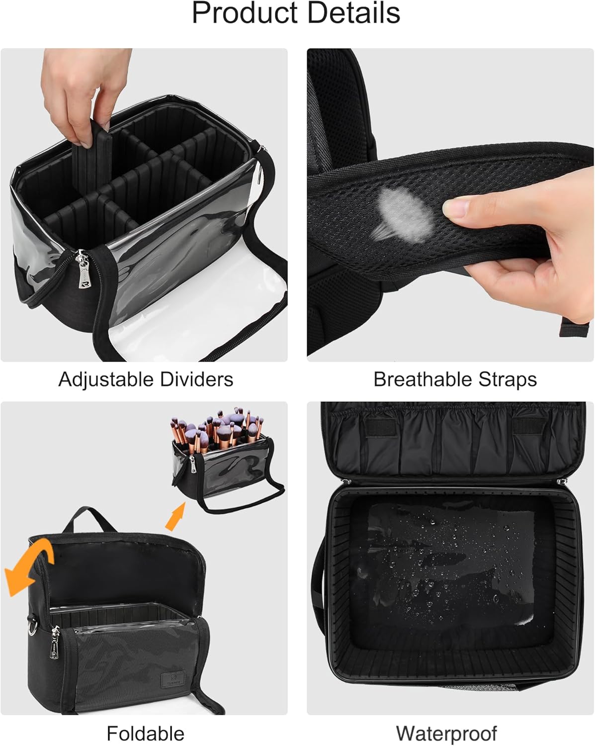 TANTO Makeup Backpack Makeup Artist Bag Professional Extra Large Cosmetic Bags Travel Train Case Storage Organizer Double-Layer Cosmetic Case with 4 Pouch and Brush Organizer (Black, two piece) - Image 6