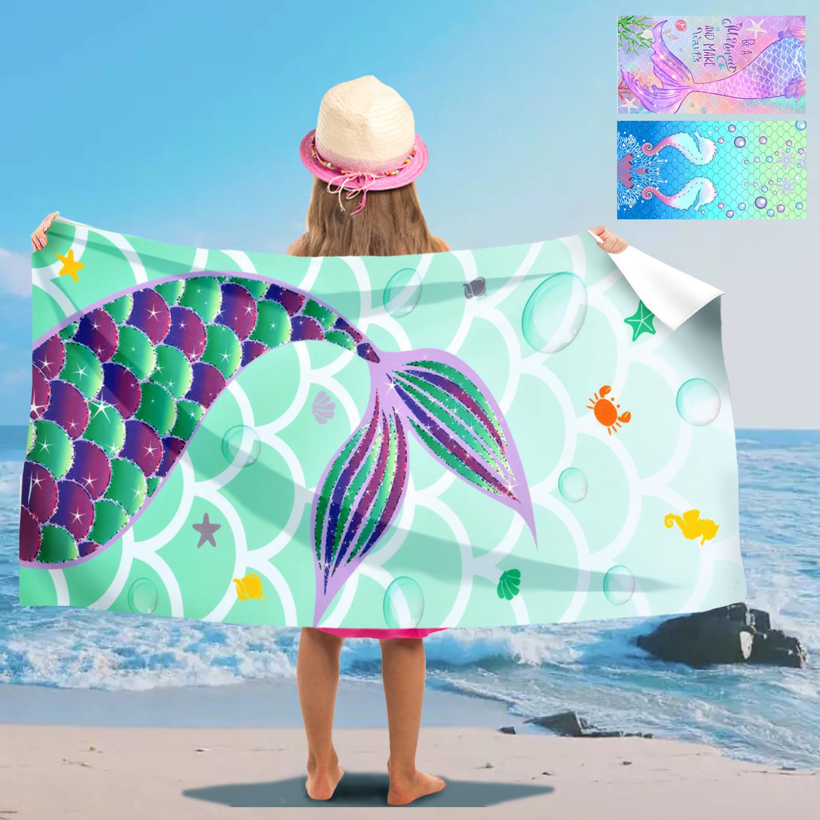 YOUWOSHE Toalla de Playa de Sirena Niña, 75 X 150 cm Toalla de Baño de Microfibra de Secado Rápido, Toalla Playa Niño, Toalla de Playa de Anime, Toalla de Ducha para Piscina Natación Playa Camping