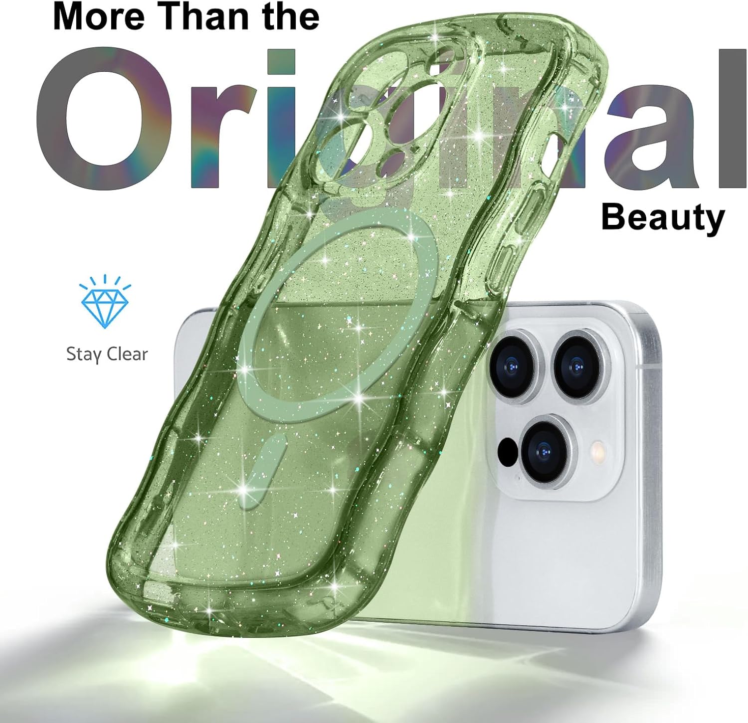 Magnetic for iPhone 14 Pro Case Clear, Sparkly Bling Glitter Cute Curly Wave Transparent Cover for Women Men Compatible with MagSafe Shockproof Protective Phone Case for iPhone 14 Pro, Green - Image 3