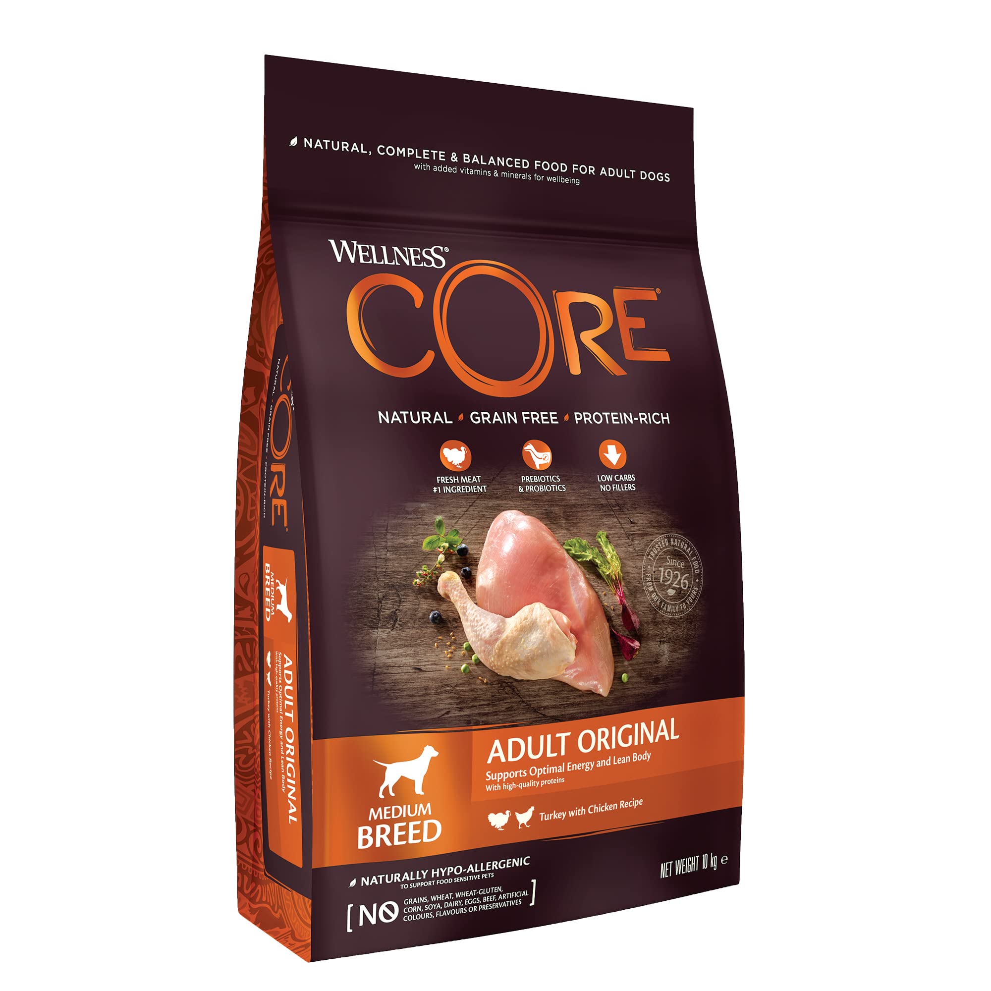 Wellness CORE Original 10 kg, Poulet/Dinde – Croquettes pour Chiens Moyens, sans Céréales, Naturelles, Hypoallergénique, Riche en protéines, À Haute Teneur en Viande, Soutient Hanches & Articulations