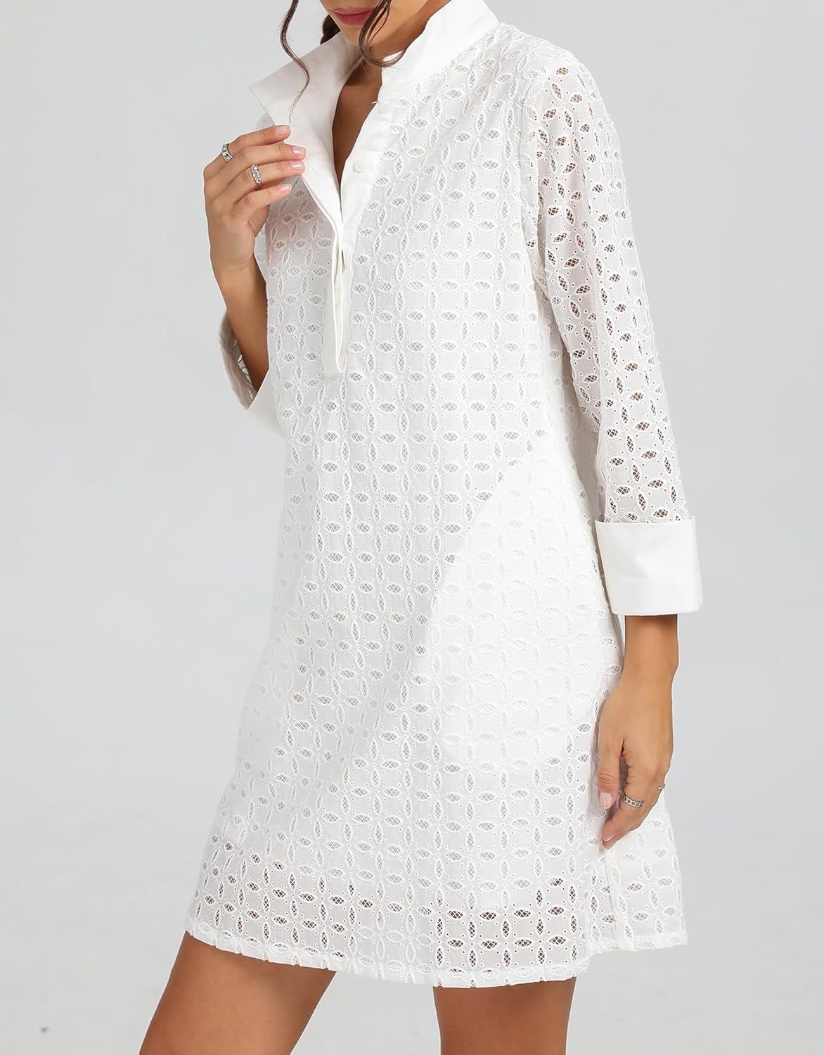 Kedera Women's Summer Long Sleeve Mini Dress V Neck Hollow Out Eyelet Shift A Line Swing Short Party Dresses - Image 7