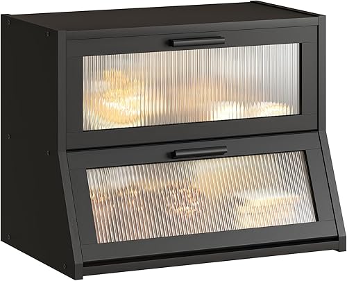 Panera de doble capa, organizador de encimera de bambú de gran capacidad, contenedor de pan con panel de puerta ondulado acrílico, caja de pan de