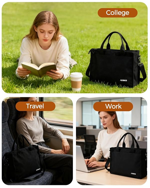 Aosbos Large Canvas Tote Bag For Women With Zipper -Large Everyday Purse With Water Bottle Pocket And Compartments-14in Laptop Bags For Work,Gym,Beach,Travel,Black by Aosbos - Used condition - US$18.32
