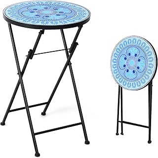 Giantex Outdoor Side Table, Folding Mosaic Patio Table, 14'' Round Metal End Table w/Ceramic Tile Top, Small Patio Table Accent Coffee Table for Porch Garden Balcony Plant Stand Indoor Outdoor (Blue)