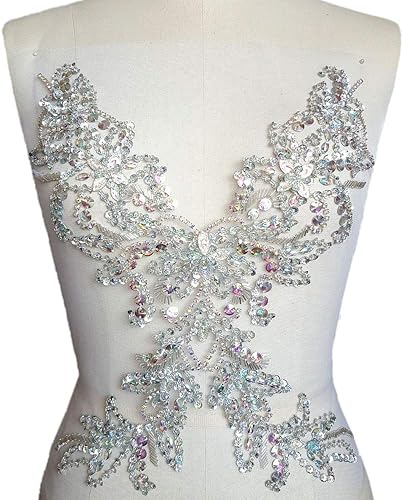 Vista 22 de Parche de cristal único hecho a mano cosido en piedras de lentejuelas de 15.3 x 11.4 pulgadas, accesorio para vestido, cristal de costura para Blanco