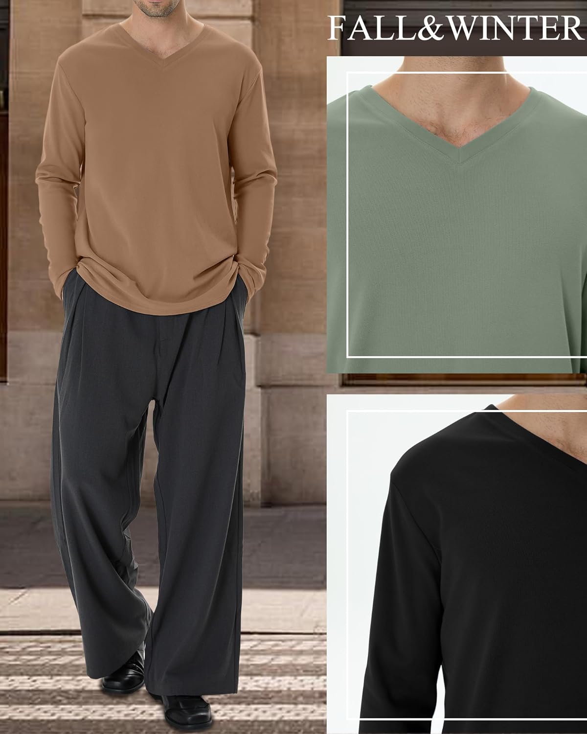 Evervibe 4 Pack Men's Big and Tall Thermal Shirts Fleece V Neck Long Sleeve Underwear Loose Fit Winter Warm Tops