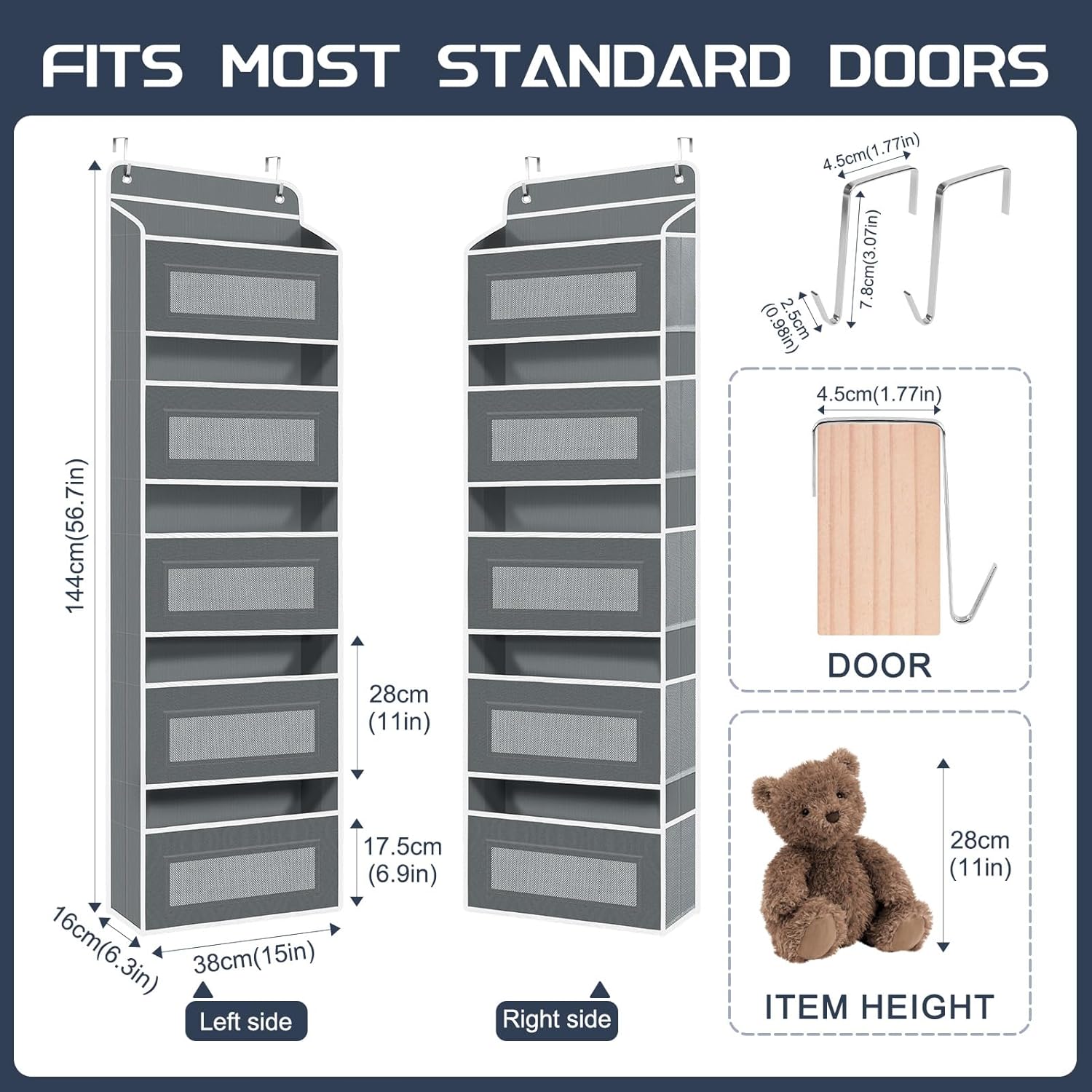 2 Pack 5-Tier Over the Door Organizer with 5 Large Side Pockets, 40lb Ultra Sturdy Large Capacity Behind the Door Storage, Stuffed Animal Storage for Pantry Bathroom Closet Baby Essentials(Grey)