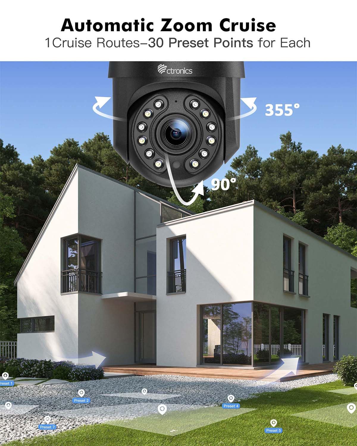 Ctronics 4K 8MP 16X Zoom Óptico Cámara Vigilancia WiFi Exterior 5Ghz/2.4Ghz | PTZ IP Cámara con Auto Crucero/Seguimiento/Zoom Detección de Personas/Vehículos/Mascotas,Visión Nocturna 60m (Negro)