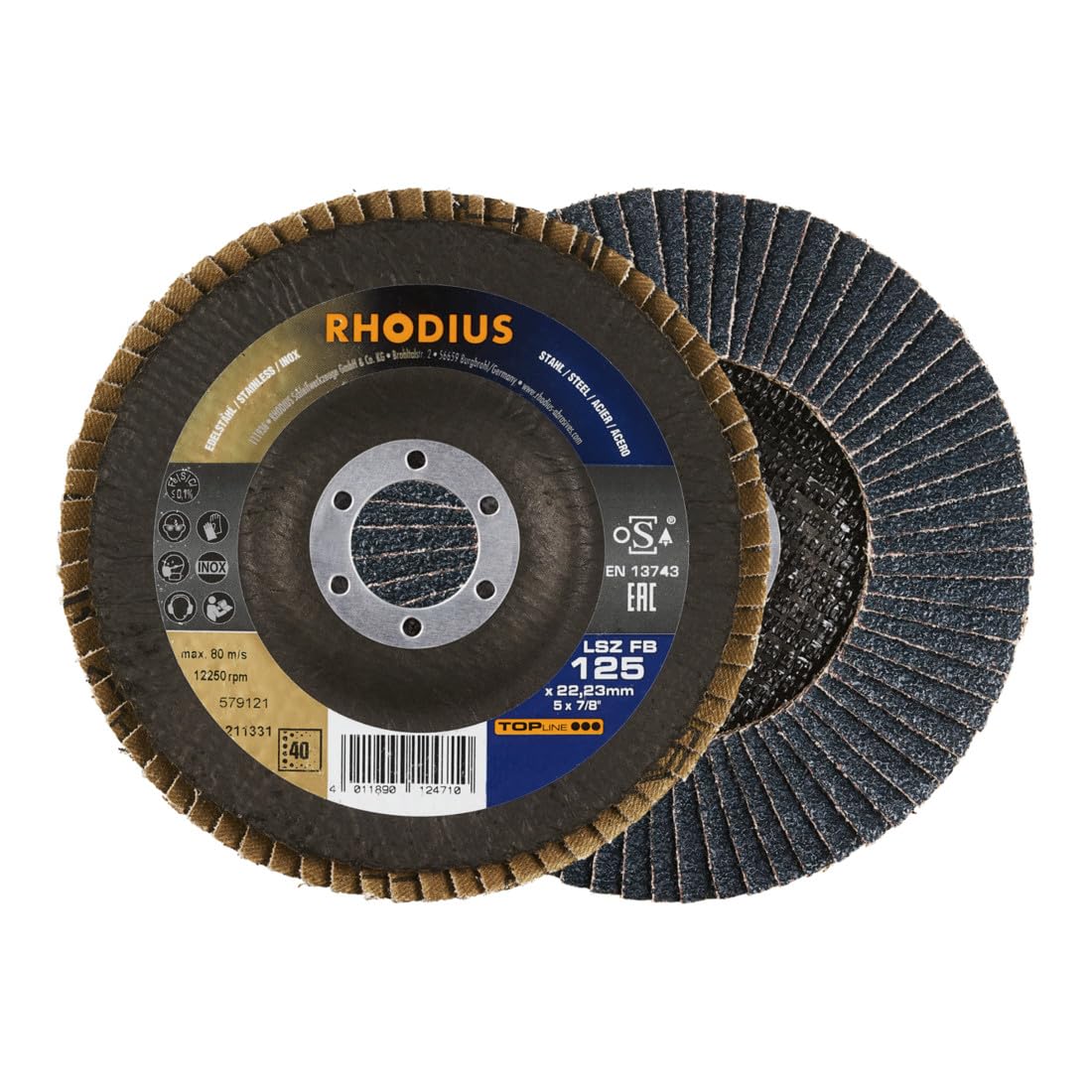 RHODIUS TOPline LSZ FB Fächerschleifscheibe 180 x 22,23 mm K80 10 Stk