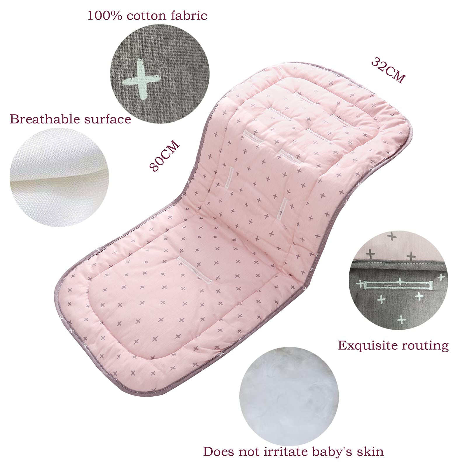 Miracle Baby Riduttore Passeggino Universale Neonato,Copriseduta per Passeggini,Morbido & Reversibile in Puro Cotone Copri Seggiolino Auto,Infant Cuscino Pad (Croce Rosa Grigia)