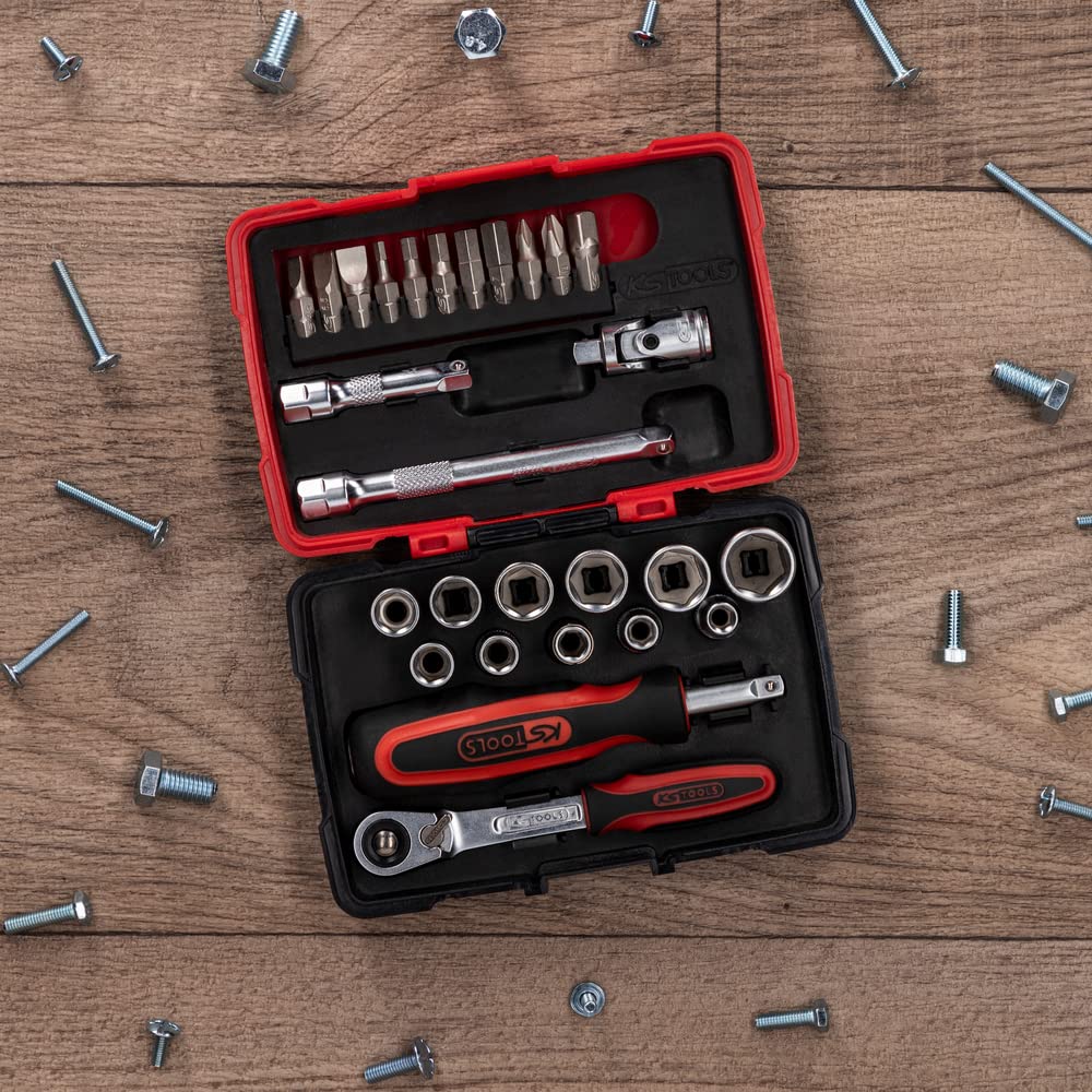 KS TOOLS - 922.0626 - Coffret de douilles et accessoires ULTIMATE 1/4'', 27 pièces - Robuste et pratique - Cliquet, Douilles 6 pans 5,5 à 14 mm, Embouts, Cardan, Rallonges - Qualité professionnelle