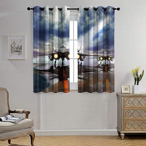 Miniatura 4 de Cortinas opacas modernas de avión de combate ultra suaves, decoración de dormitorio de niños, estampado de luchador, aislamiento térmico, reducción