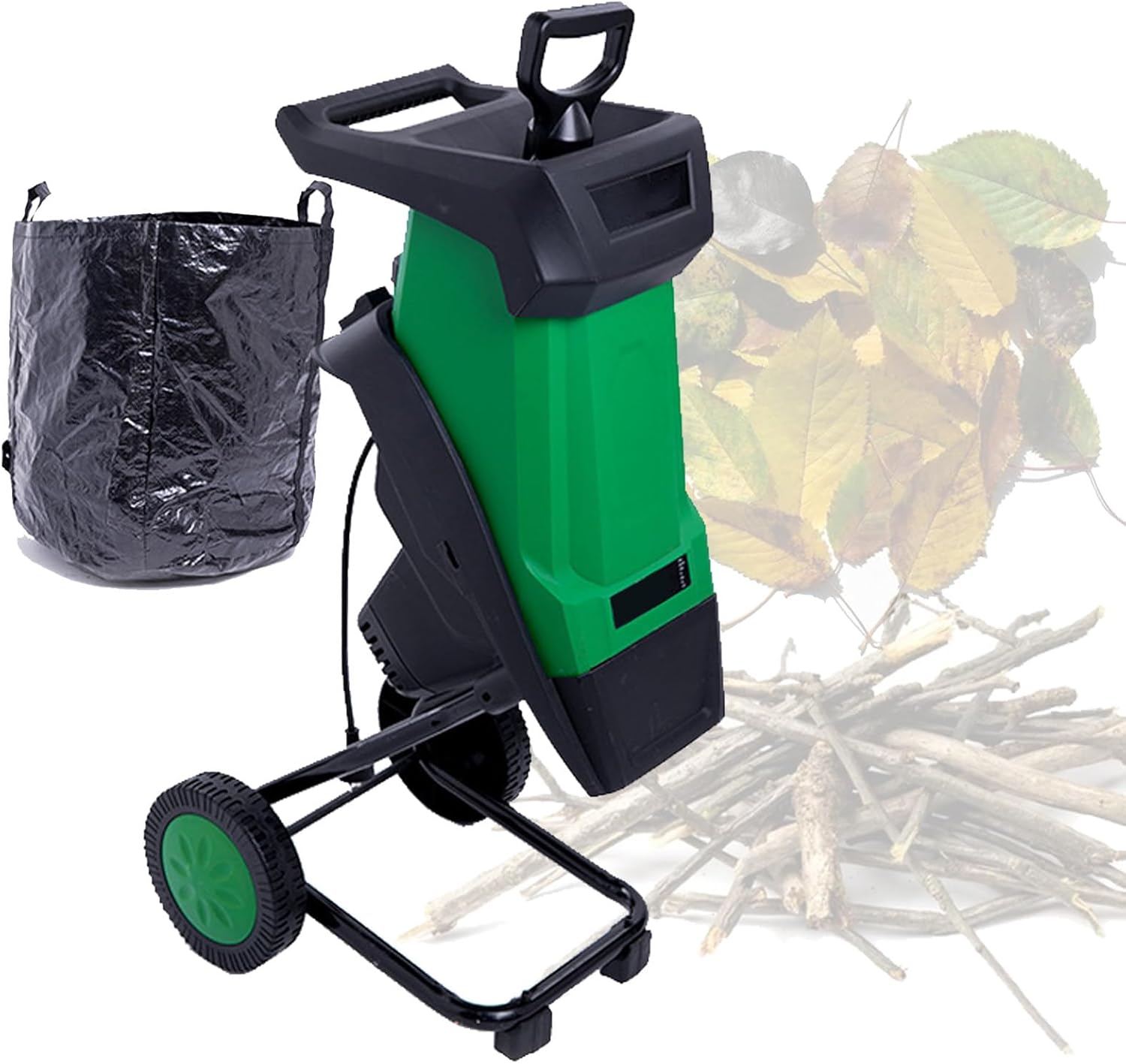 Electric Leaf Shredder Chipper Mulcher, 2400W Automatic, 4500RPM for 0-40mm Branches, with 50L Collection Bag Green