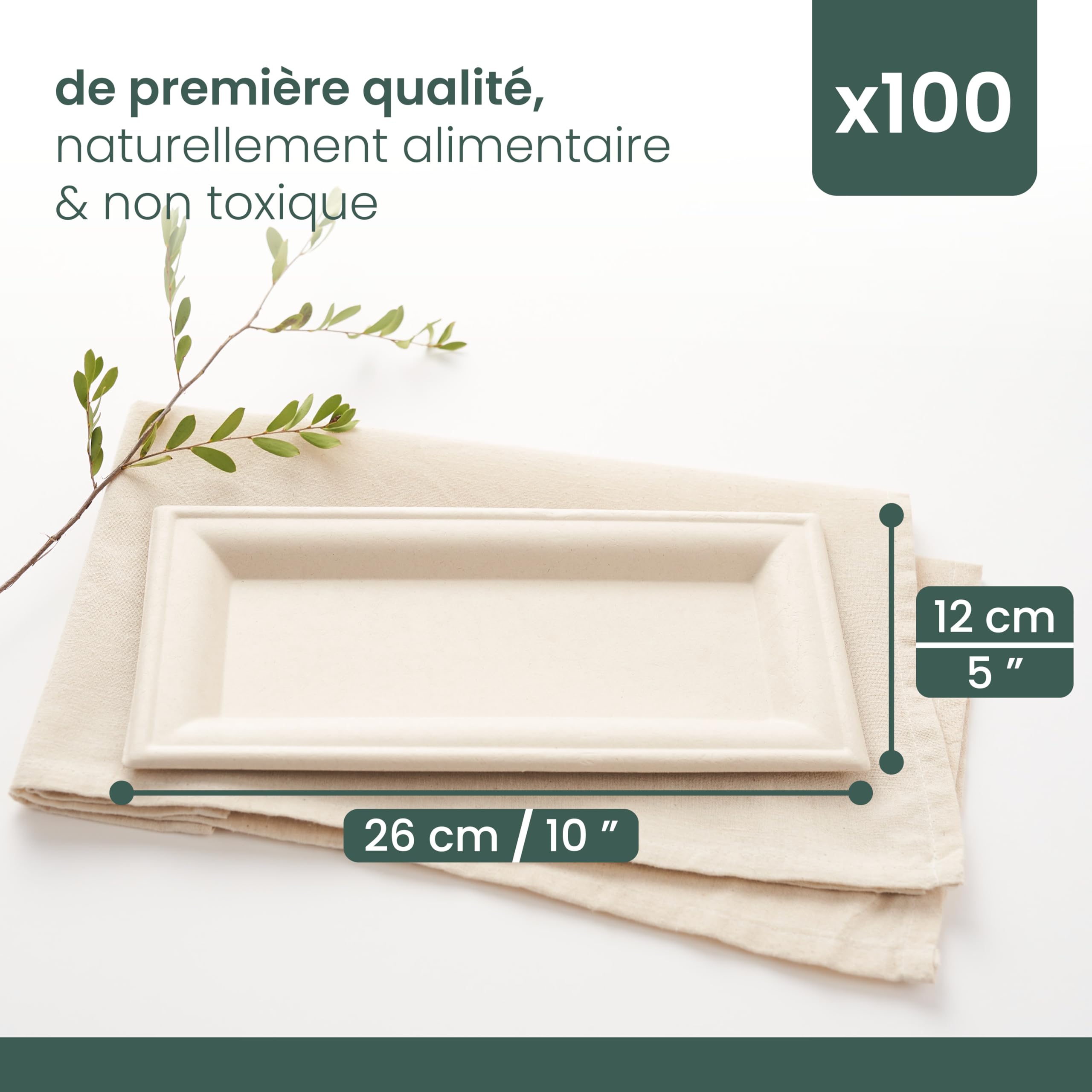 HAAGO 100 Plateaux Jetables en Canne à Sucre (26 x 12 cm) – Assiettes Rectangulaires en Bagasse – Solides & Rigides, Anti-Graisse & Anti-Fuites – Pour Canapés, Brochettes, Buffet, BBQ & Traiteur
