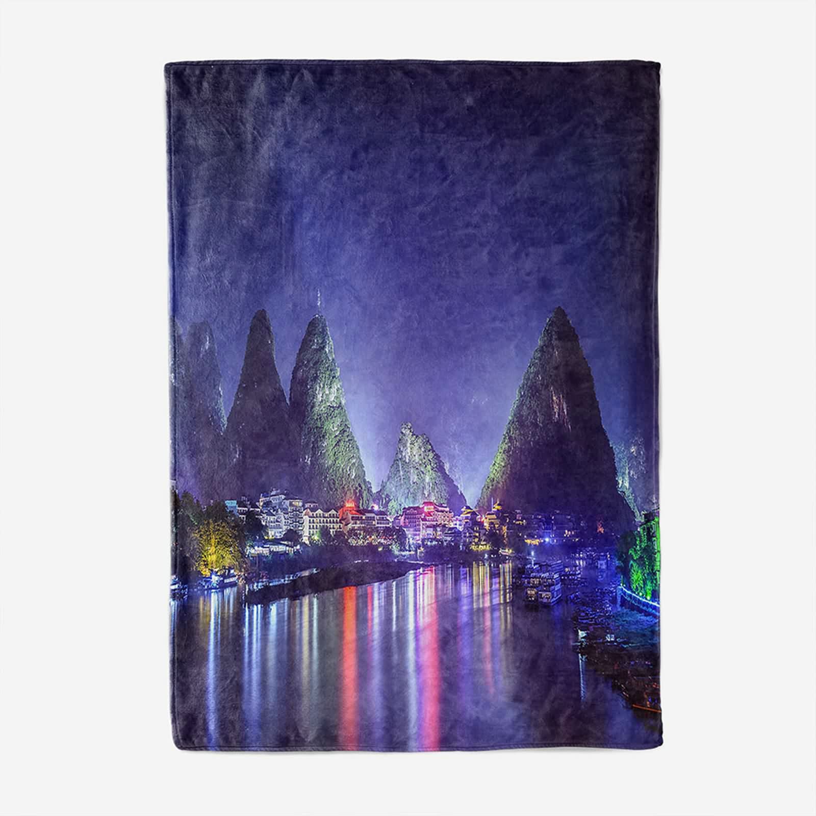 Aeici Couverture Polaire, Couverture Laine Flanelle Couverture 160x200 cm Montagne Paysage Nocturne Couverture Canapé pour Salon Lit