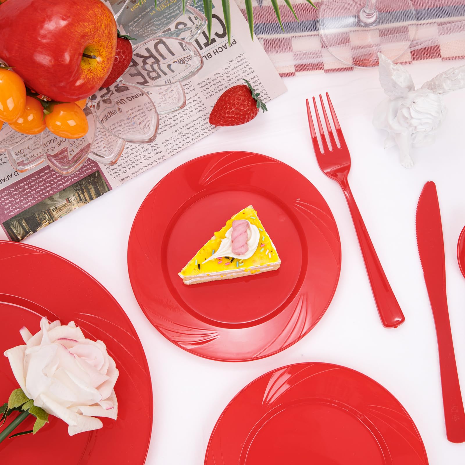 YOUBET 125Pieces Red Plastic Plates - Red Plastic Silverware - Heavy Duty Red Plates Disposable-Include 25 Dinner Plates 25 Dessert Plates 25 Forks 25 Knives 25 Spoons-Perfect for Christmas&Party