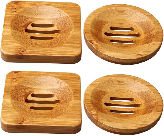 kuou 4 PCS Natural Wooden Bamboo Soap Dish, Hand Craft Soap Holder Square & Round Soap Dish Storage Holder for Home Bath Accessories