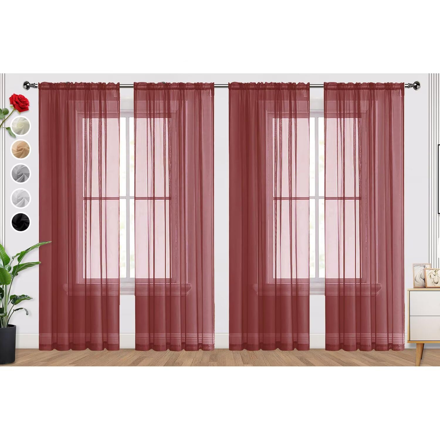 SpaceDresser Burgundy Sheer Curtains 4 Panels Rod Pocket Semi-Sheer Curtain 72 Inches Long Light Filtering Voile Window Drapes for Bedroom Living Room