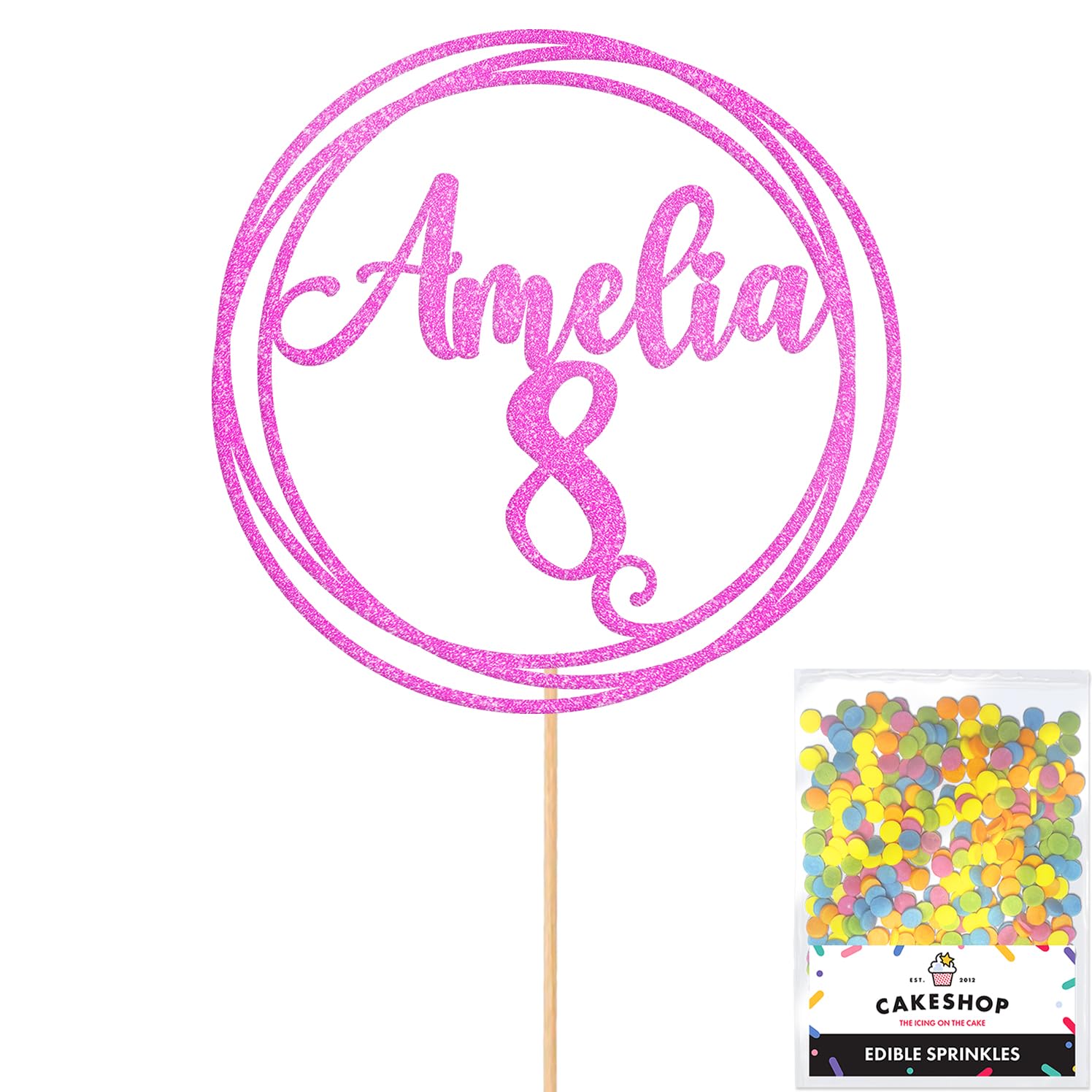 Personalised Round Happy Birthday Glitter Cake Topper - Light Pink Any Custom Age & Name Glitter Cake Decoration and Sprinkles - Happy Birthday Decorations - Personalised Toppers for Cakes by Cakeshop
