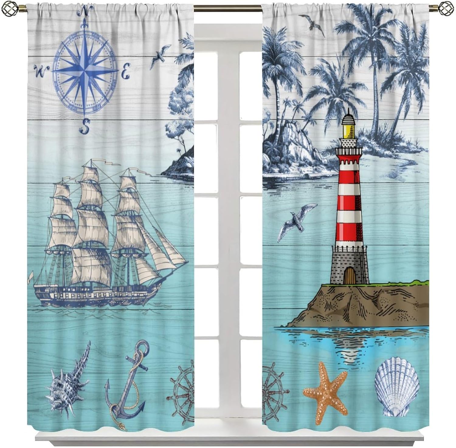 Blue Ocean Beach Curtains, Rustic Nautical Sailboat Anchor Compass Lighthouse Window Treatments Teal Sea Beach Theme Window Drapes for Living Room Bedroom Kitchen W72xL63in