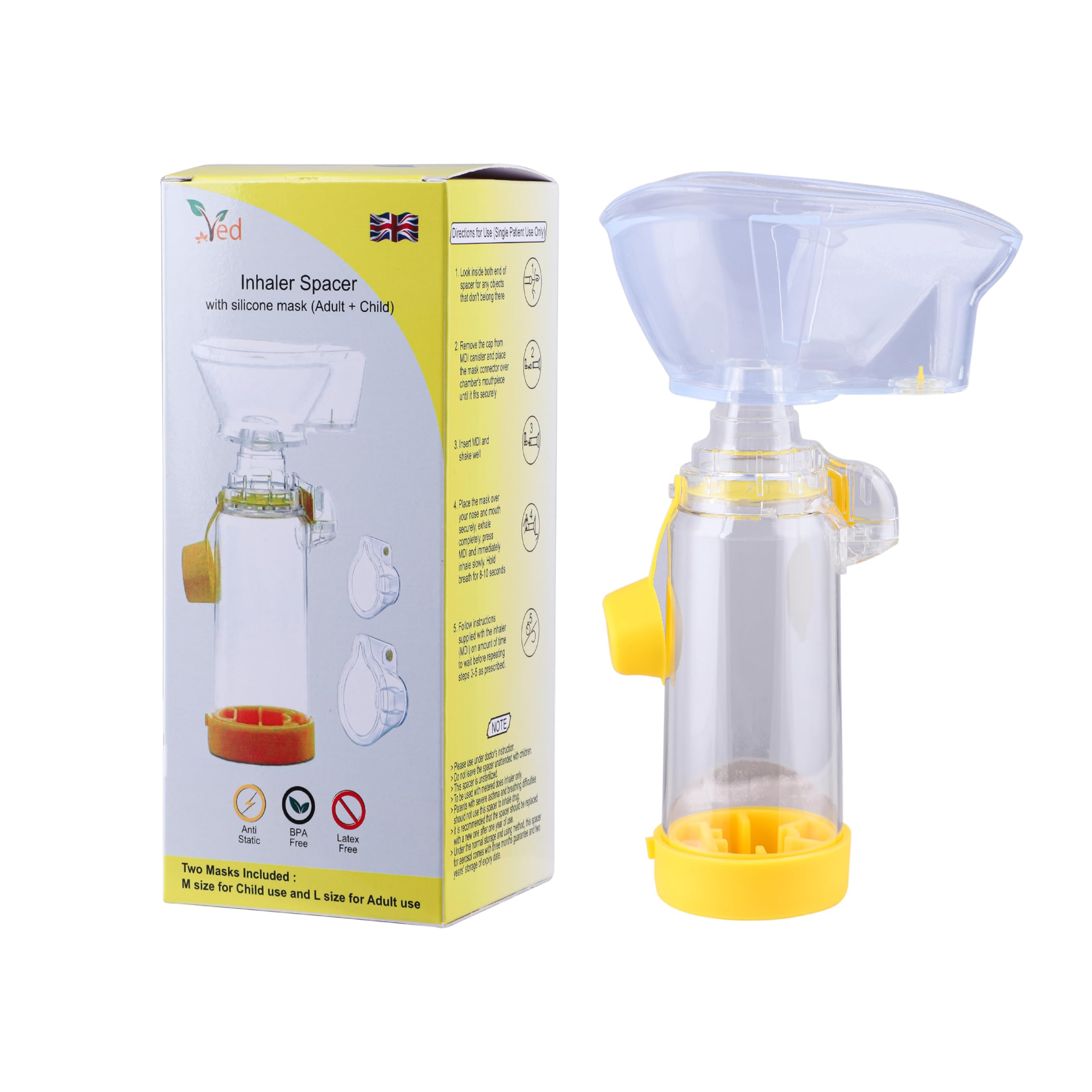 Inhaler Spacer with Silicone mask (Adult + Child),Anti-Static Spacer Device, Inhaler Chamber, use with Metered Dose Inhaler, BPA and Latex Free.(Yellow)