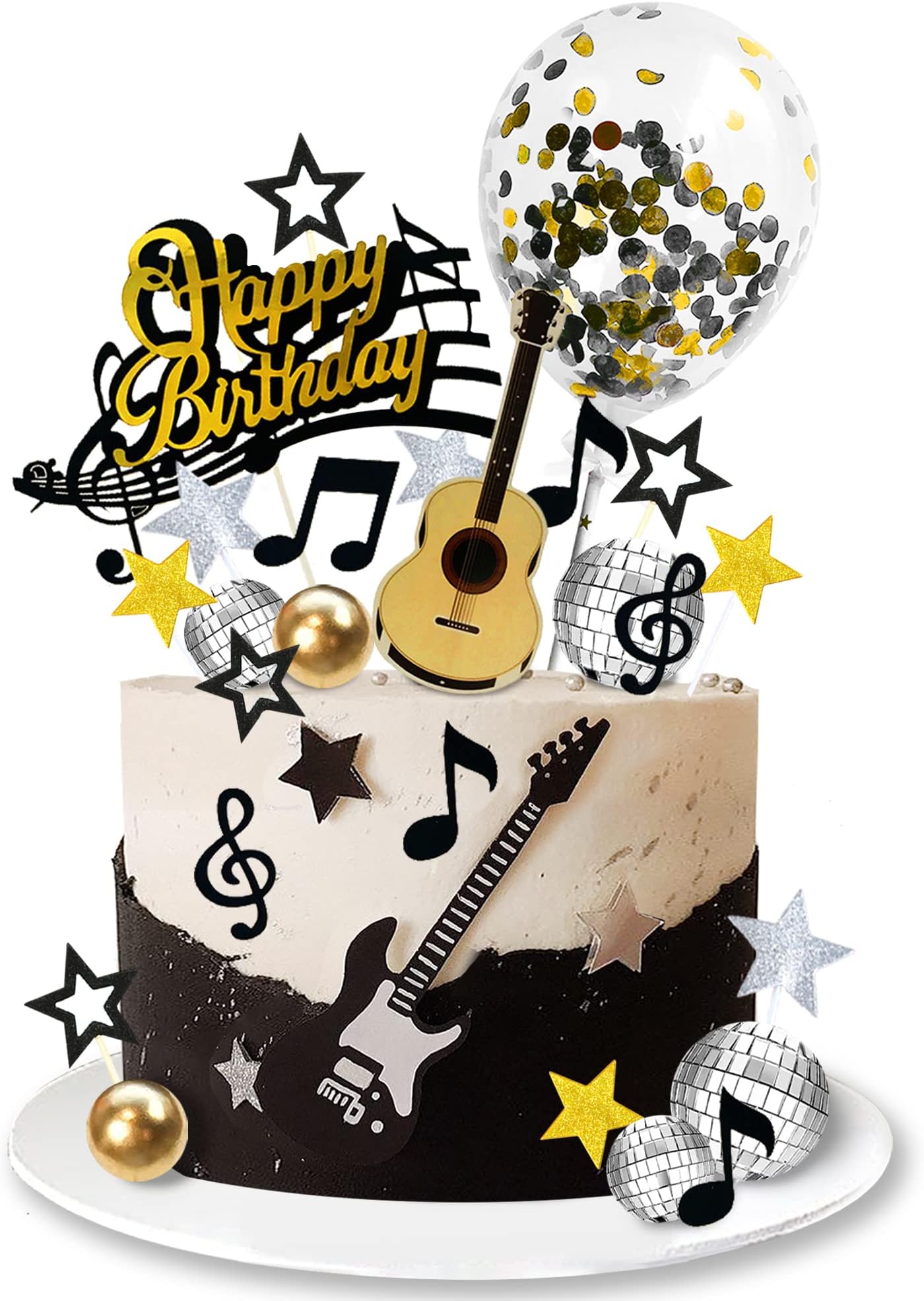 31 PCS Guitar Cake Toppers Music Notes Balls Cake Decorations for Musician Rock Theme Birthday Supplies (Black)