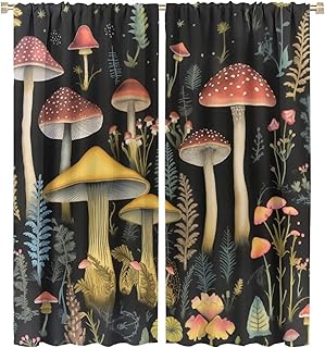 LOMADIA Mushroom Blackout Curtains, Retro Cartoon Style Plant Starry Sky Forest Colorful Mushrooms Pattern Home Rod Pocket Curtains for Bedroom Living Room Kitchen Nursery Decor 55x63in