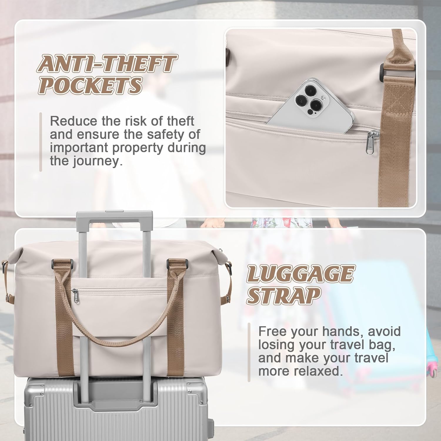 BJLFS Sports Duffel Bags for Women Beige Weekender Travel Totes Bag for Airplane, Cute Sports Gym Dance Overnight Luggage Bag with Wet Pocket, Carry On Hospital Bag for Labor and Delivery