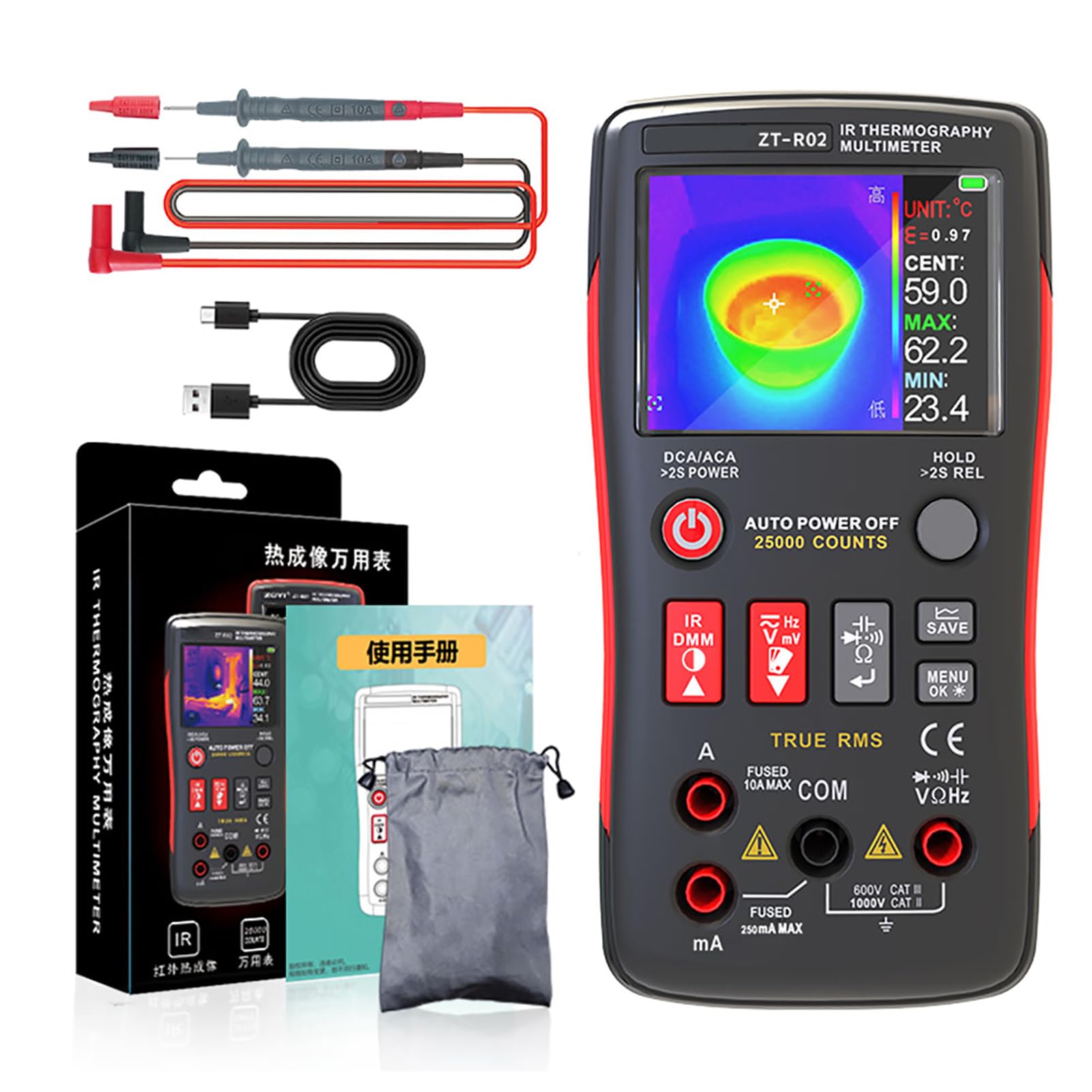 Jeffergarden Wärmebildkamera Multimeter, 96x96 IR-Auflösung TRMS (ZT R02