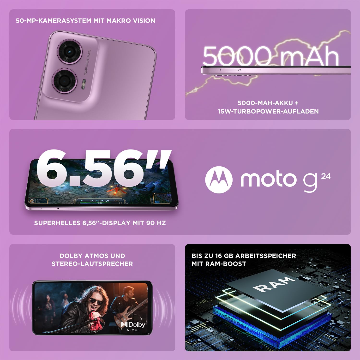 Motorola Moto g24 akıllı telefon (6,56 inç HD+ ekran, 50 MP kamera