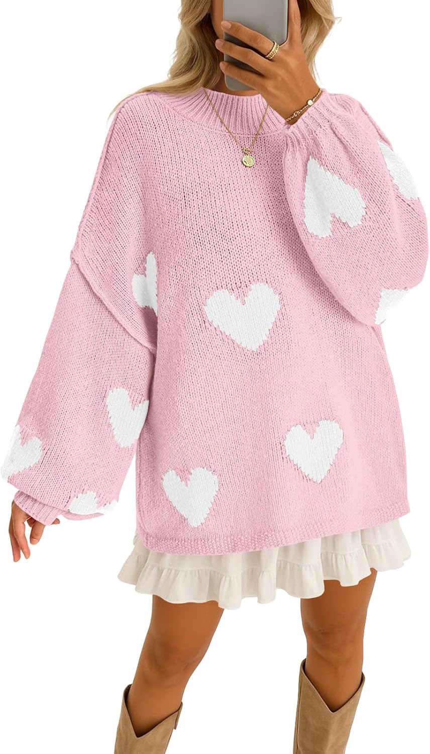 Saodimallsu Womens Oversized Heart Sweater Valentines Cute Mock Neck Chunky Knit Long Sleeve Tunic Sweaters