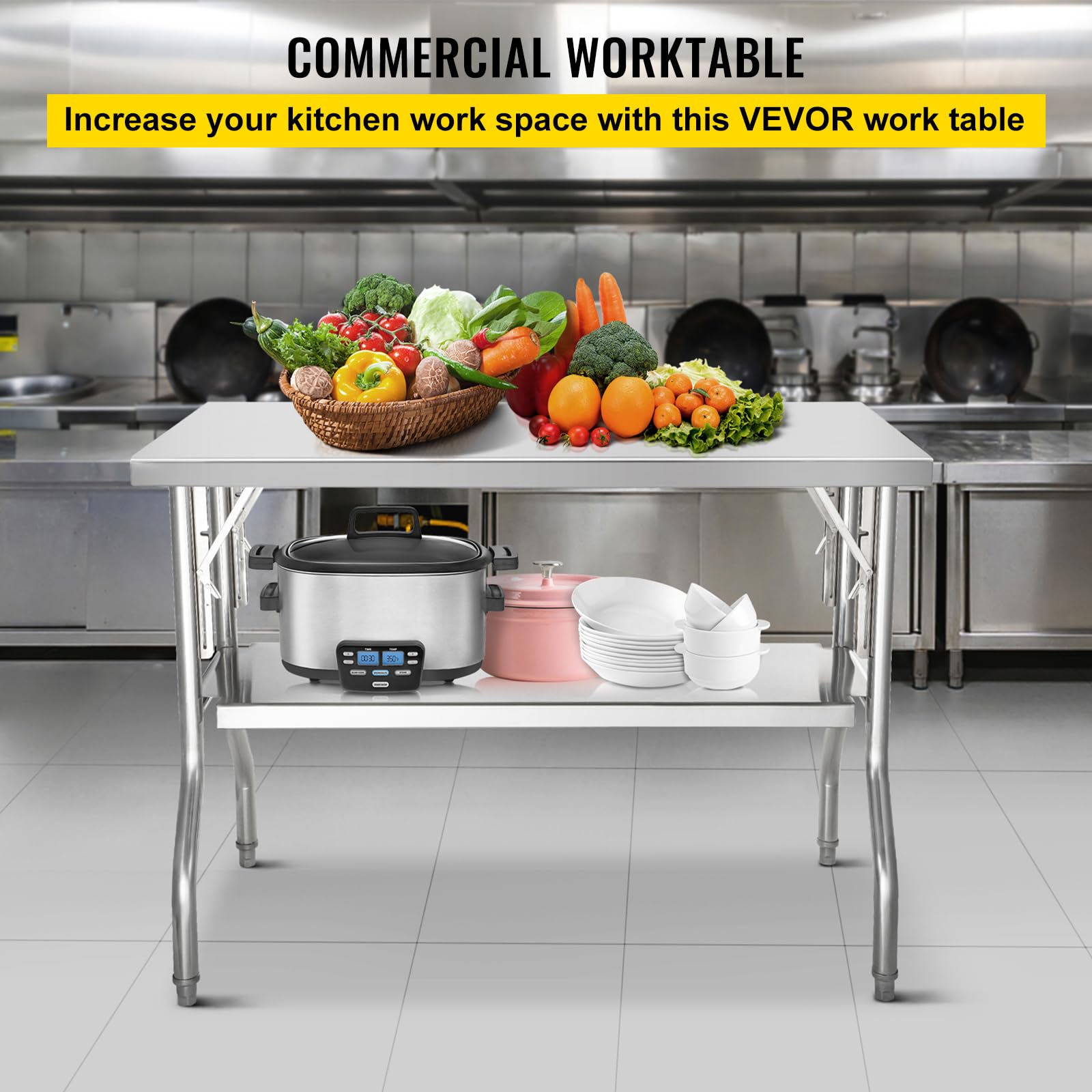 Happybuy Folding Commercial Prep Table, 48 x 24 Inch Heavy-Duty Stainless Steel Workstation with Undershelf, 300 lbs Capacity for Kitchen, Restaurant, and Garage