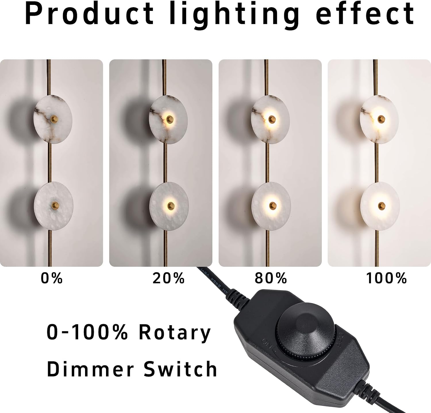 Alabaster Wall Sconce, Round Natural Marble Set of Two, Plug in Wall Sconce Lamp Cord with Knob Dimmer Switch, Indoor LED Modern Wall Lamp for Bedroom, Stairs, Living Room, Hallway (Bronze)