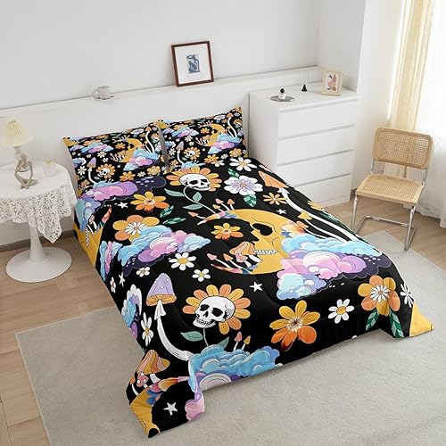 Miniatura 3 de Hippy Girl - Juego de ropa de cama retro de los años 60 y 70 con diseño de calavera y flor para niñas, juego de edredón vintage con diseño de flor
